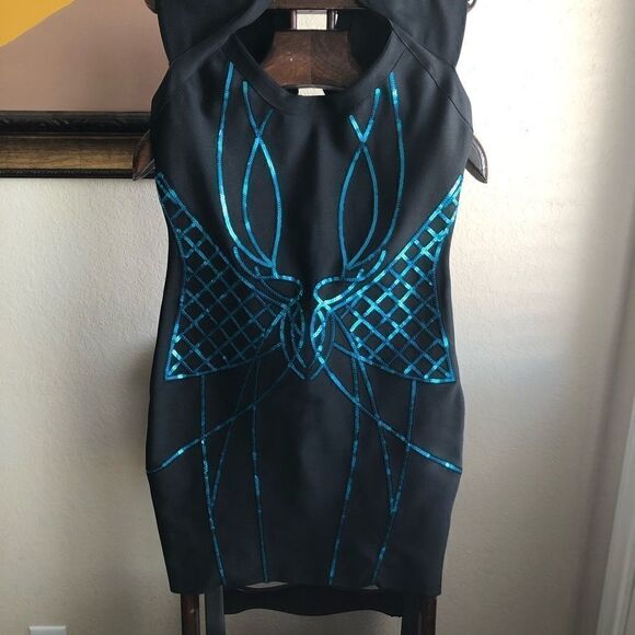 WOW couture bodycon bandage blk/turquoise sequins size lg - Picture 3 of 14
